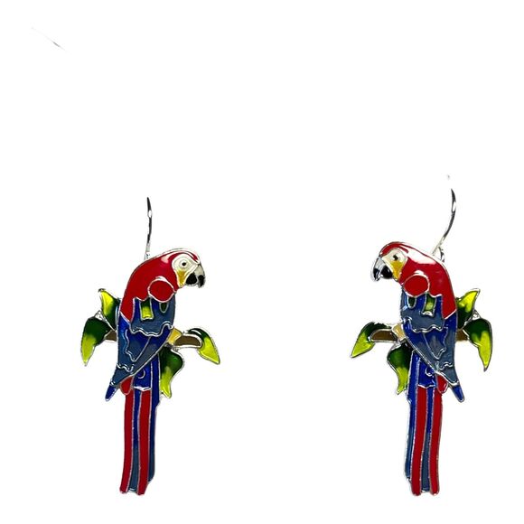 Zarah Greenwing Macaw Dangle Earrings Sterling Silver Plated Parrot Bird - Picture 3 of 5